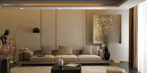 modern beige living room showcasing a stylish sofa arrangement with aesthetic decor in a minimalist style, featuring homestyler's real-time 3D rendering for design proposal visualization.