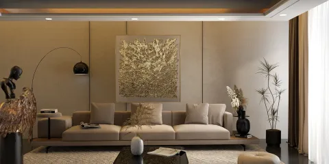 modern living room with comfortable beige sofa and minimalist decor featuring an art piece, showcasing interior design style and using Homestyler's real-time 3D rendering for effective visualization.