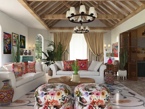 colorful living room design with plants and decorative cushions featuring ethnic patterns, showcasing a bohemian style, emphasizing cozy and vibrant space values, utilizing Homestyler's real-time 3D rendering feature.