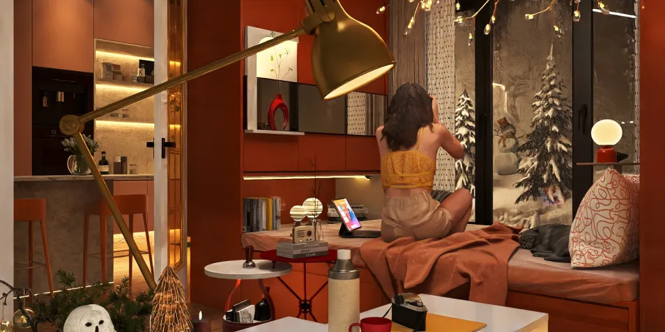cozy winter living room scene featuring a woman looking out the window at snow-covered trees, designed in a contemporary style with warm orange tones, showcasing Homestyler's real-time 3D rendering feature for interior design.