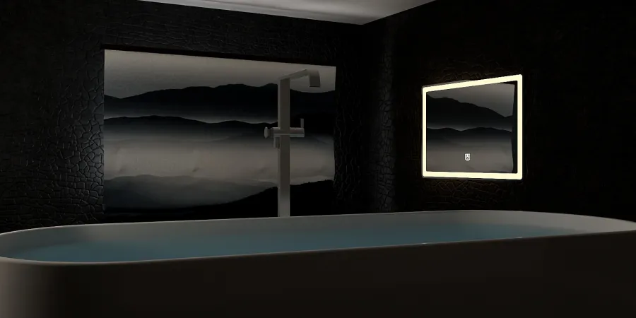 a bathroom with a mirror and a bathtub 