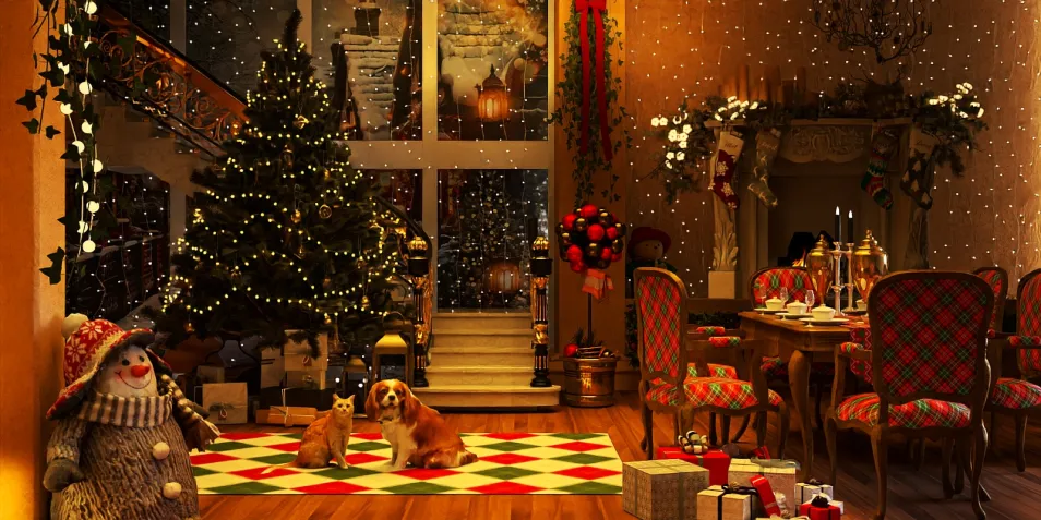 cozy living room decorated for Christmas showcasing a beautifully adorned Christmas tree with twinkling lights and gifts, featuring a dog and a cat, designed with Homestyler's real-time 3D rendering feature.