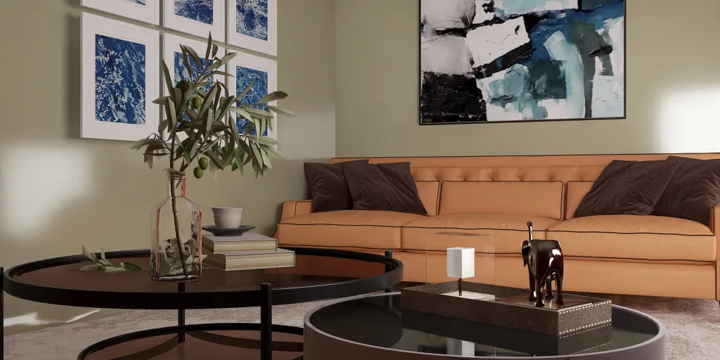 a living room with a couch, table, and a coffee table 