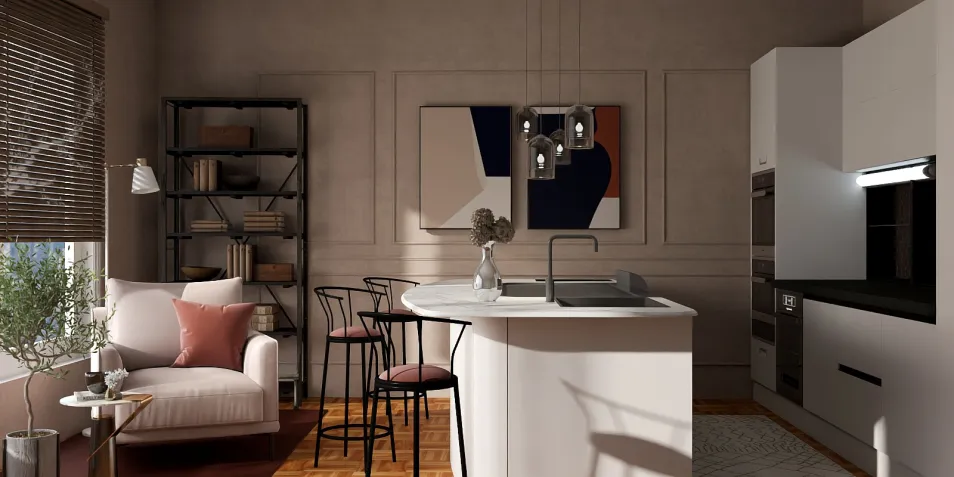 modern kitchen design featuring a cozy seating area with a stylish chair and bookshelf, optimized for small spaces using smart furniture arrangement; showcasing Homestyler's real-time 3D rendering functionality.