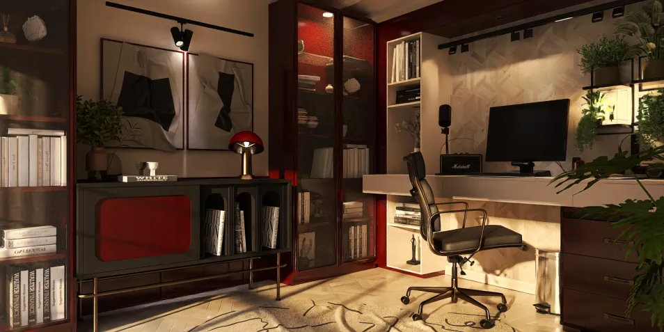 modern home office design featuring a sleek desk setup and elegant decor enhances productivity and creativity using Homestyler's real-time 3D rendering.