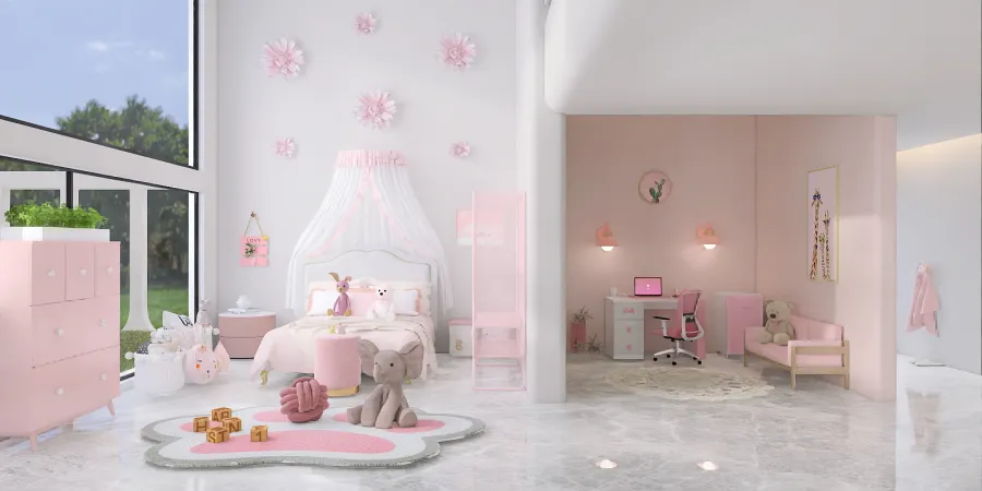 a room with a pink and white bed and a pink and white chair 