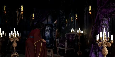 A figure placing a candle holder in a gothic inspired interior, featuring stunning dark colors and luxurious purple drapes, showcasing interior decor elements with dramatic lighting; utilizing Homestyler’s real-time 3D rendering for an immersive design preview.