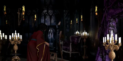 A person painting in a gothic style room, showcasing intricate lighting and luxurious decor, demonstrating Homestyler's real-time 3D rendering feature.