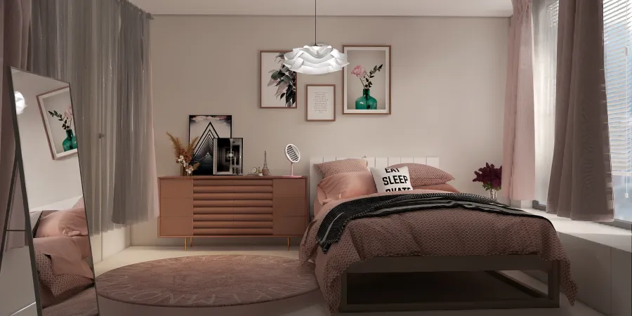 a bedroom with a bed, a dresser, and a lamp 