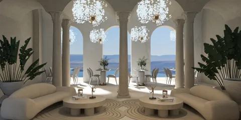 spacious living area featuring elegant sofas and decorative plant arrangements, showcasing a modern Mediterranean style with arched windows and natural light, ideal for interior decor inspiration using Homestyler's real-time 3D rendering functionality.