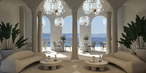 luxurious living room featuring elegant sofas and decorative plants with a stunning view, showcasing interior decor design with Homestyler's real-time 3D rendering capabilities