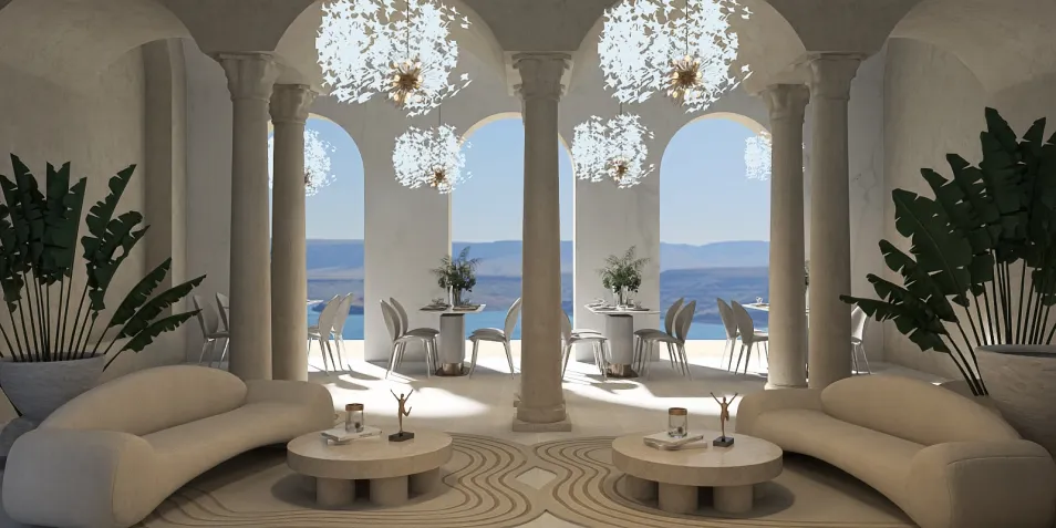 Modern living space showcasing a luxurious interior design with elegant sofas and large windows, featuring AR virtual furniture placement for accurate decor placement in a coastal view setting.