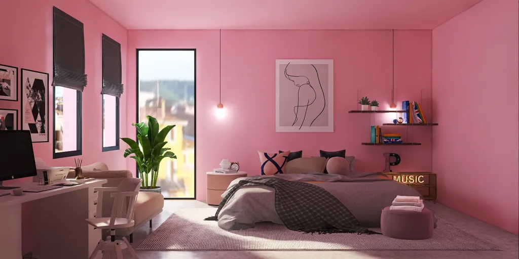 a bedroom with a pink wall and a pink bed 