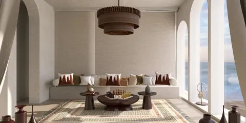 modern living room design featuring cozy seating arrangement with pillows and a stylish coffee table, showcasing a minimalist aesthetic and enhancing space value, utilizing Homestyler's real-time 3D rendering feature for effective design visualization.