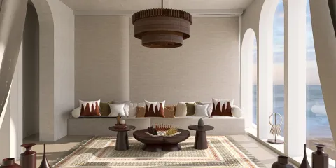 spacious living room showcasing a cozy sitting area with layered textiles and earthy tones, designed using Homestyler's real-time 3D rendering feature for an immersive interior decor experience.
