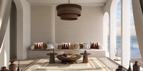 Cozy living room design featuring a circular coffee table and low seating arrangement with decorative throw pillows, inspired by contemporary style, showcasing the use of Homestyler's real-time 3D rendering to visualize the space.