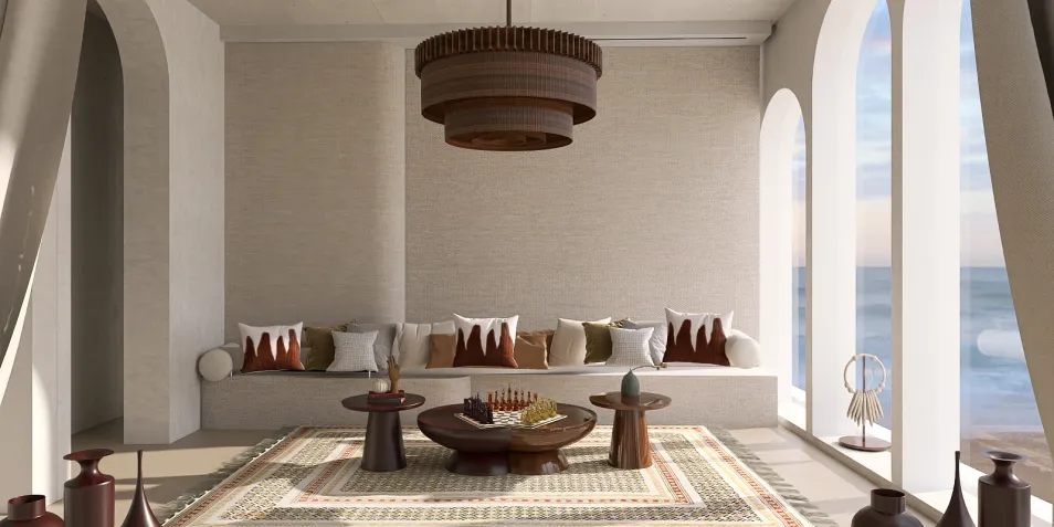 modern living room design featuring cozy seating with decorative pillows, a wooden coffee table, and elegant lamps, utilizing Homestyler's real-time 3D rendering feature for accurate design previews in a contemporary coastal style.