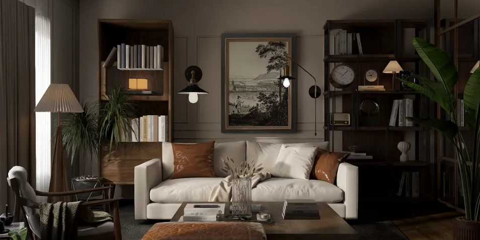 cozy living room with stylish furniture arrangement showcasing a modern aesthetic and warm colors for interior design optimization using Homestyler's smart furniture arrangement feature.