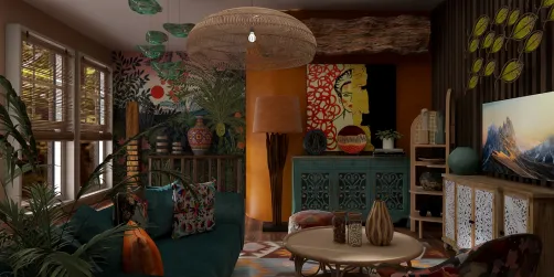 vibrant living room with eclectic decor featuring plants and artistic elements, showcasing interior design with a warm color palette, utilizing Homestyler's real-time 3D rendering feature for an immersive experience.