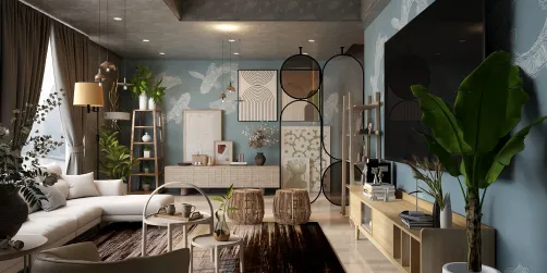 brown and blue living room 