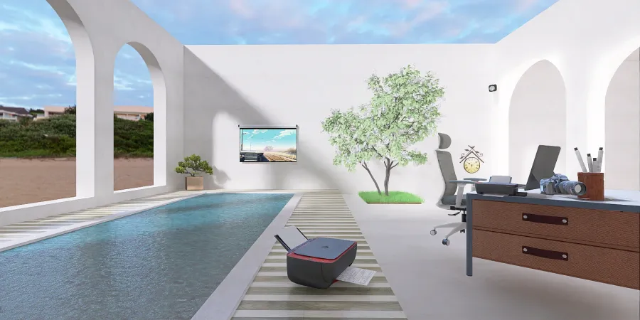 a living room with a pool and a tub 