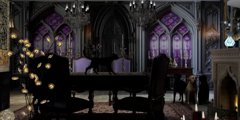 Elegant dining area with a dark gothic style featuring a table and chairs, enhanced by intricate details and purple accents, showcasing interior decor possibilities with Homestyler's real-time 3D rendering feature.