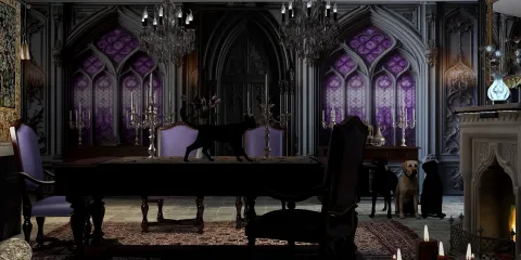 elegant dining room showcasing a lavish gothic design with dark colors and purple accents, featuring real-time 3D rendering capabilities of Homestyler for interior decor visualization.