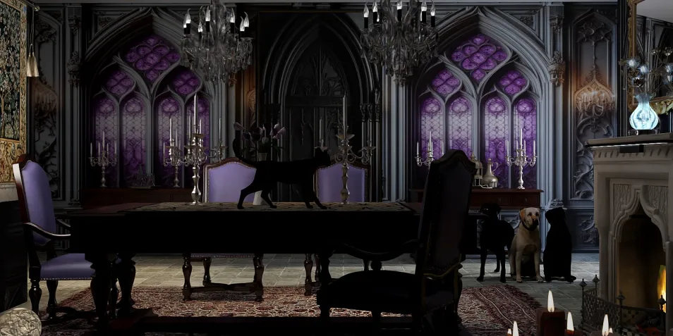 elegant dining room showcasing a lavish gothic design with dark colors and purple accents, featuring real-time 3D rendering capabilities of Homestyler for interior decor visualization.