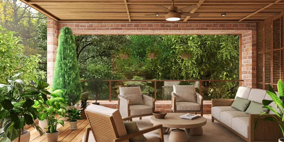 outdoor living space showcasing modern furniture arrangement in a cozy style with lush greenery views, utilizing Homestyler's real-time 3D rendering feature for realistic design previews