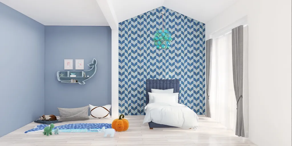 a bedroom with a blue and white bed and a blue wall 