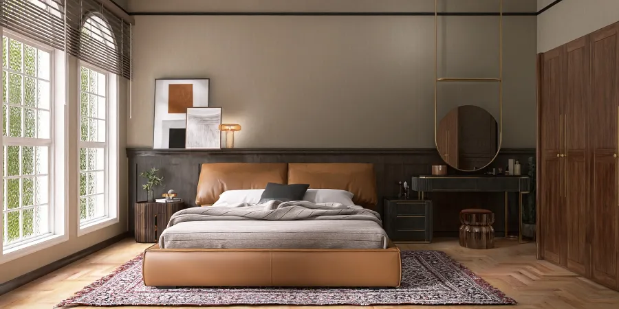 a bed with a white bedspread and a wooden headboard 