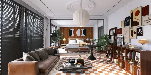 modern living room with open bedroom design featuring a stylish sofa and artistic wall decor in a contemporary style, showcasing Homestyler's real-time 3D rendering for design previews.