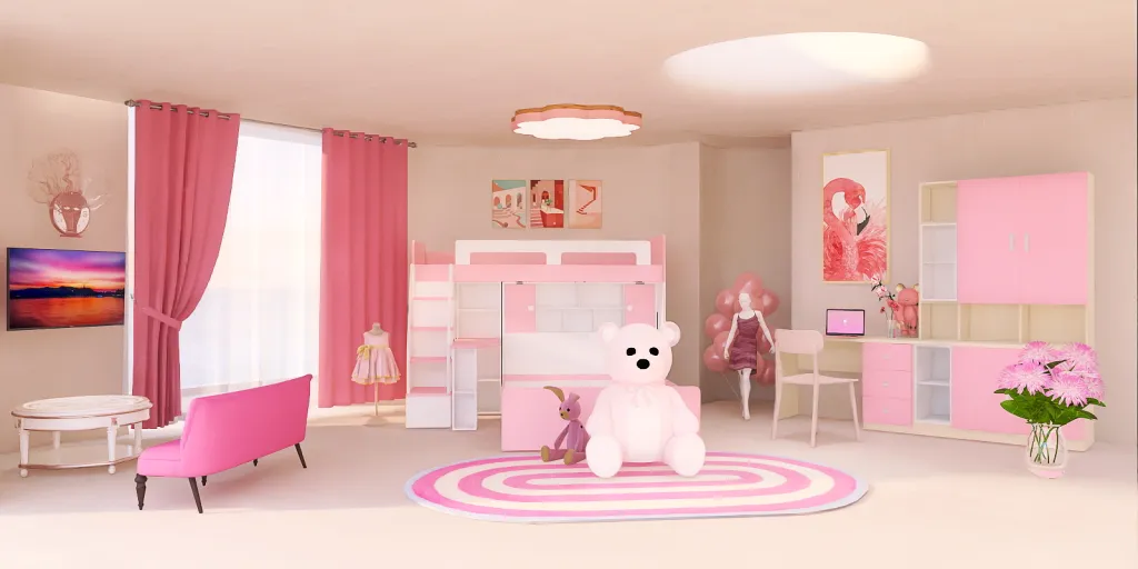 a small child's bedroom with a pink bedspread and pink walls 