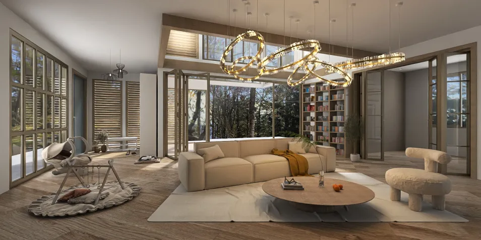 living room with modern furniture arrangement showcasing natural lighting and a cozy atmosphere in a contemporary style, featuring Homestyler's real-time 3D rendering for visualizing design proposals.