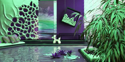 Indoor pool area with vibrant green accents, featuring a modern design and relaxing atmosphere, showcasing Homestyler's real-time 3D rendering capabilities for quick design previews.
