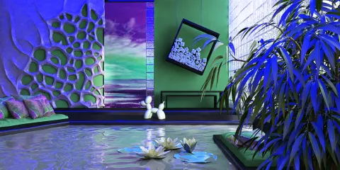 vibrant indoor decorative scene with water features and artistic wall design showcasing a contemporary zen garden style; features the real-time 3D rendering function of Homestyler for instant design visualization.