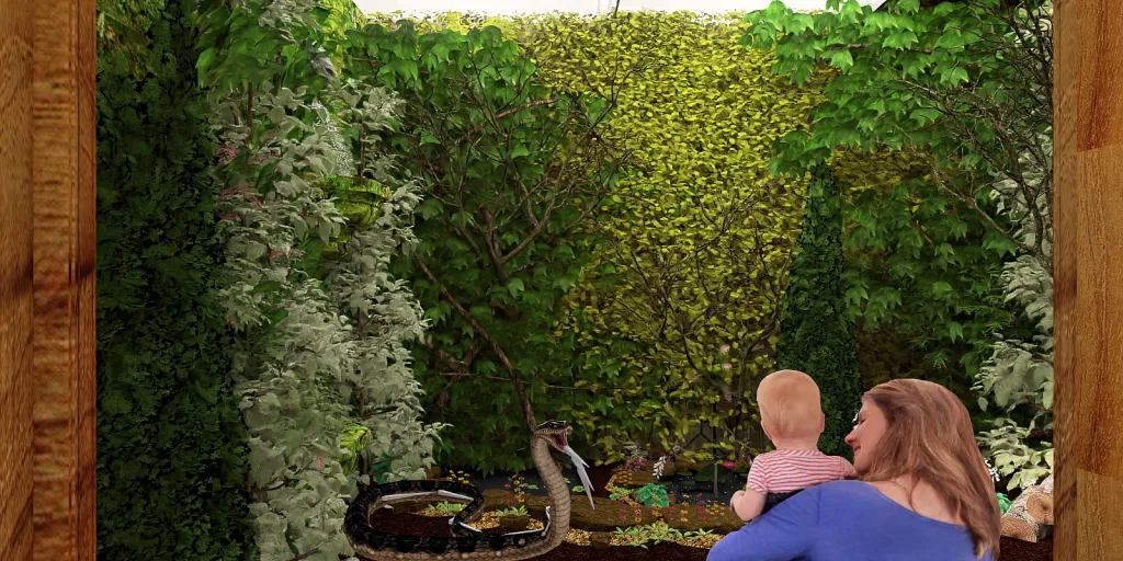 two women and a child looking at a garden 