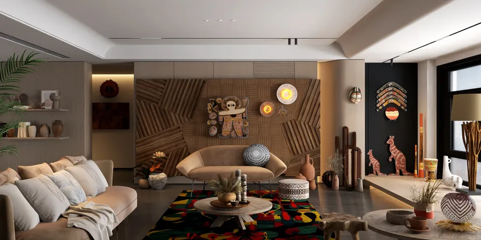 modern living room featuring cozy furniture arrangement with vibrant decor accents, showcasing interior design expertise using Homestyler's real-time 3D rendering for an immersive design preview.