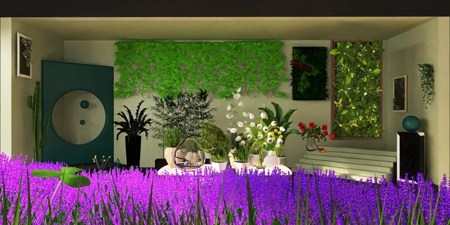 a large flower arrangement in a flower bed in a room 