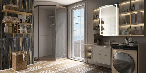 modern bathroom design featuring a glass shower enclosure and stylish storage solutions with contemporary finishes, showcasing interior decor ideas using Homestyler's real-time 3D rendering to visualize space optimization.