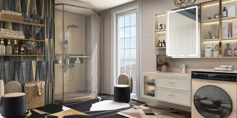 modern bathroom with glass shower enclosure featuring stylish accessories and wooden accents, designed for optimal space efficiency using Homestyler's real-time 3D rendering feature.