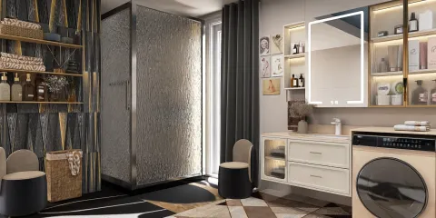modern bathroom design featuring a stylish shower area and elegant vanity with lighting accents, showcasing a contemporary aesthetic and optimized space utilization using Homestyler's 3D rendering capabilities.
