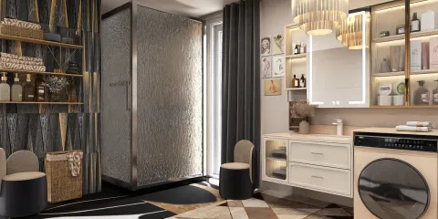 Modern bathroom interior featuring a stylish shower area, sleek cabinetry, and contemporary decor, showcasing Homestyler's real-time 3D rendering to visualize design changes.