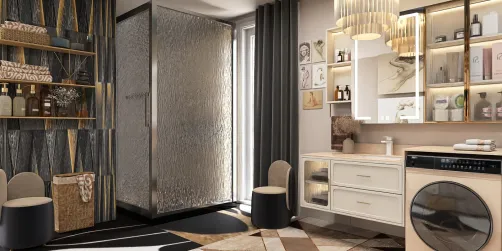 Modern bathroom interior design featuring a glass shower enclosure and stylish vanity layout, showcasing space optimization techniques with Homestyler's intelligent furniture arrangement feature.