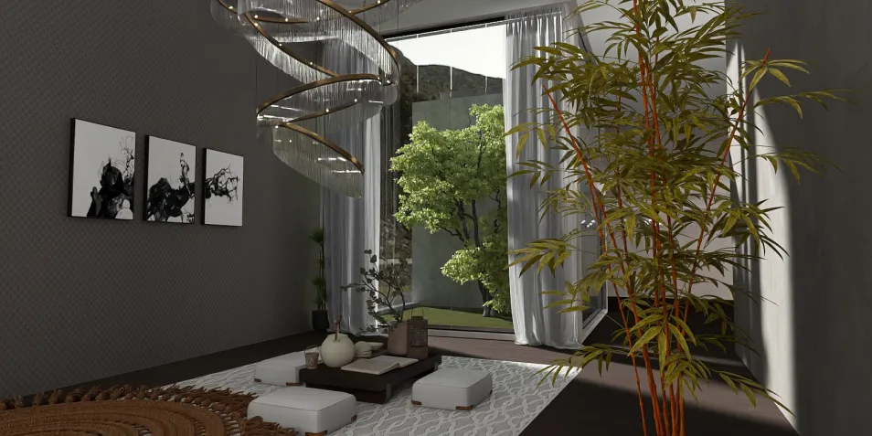 modern living room design featuring a large indoor plant, creating a serene atmosphere with natural light, utilizing Homestyler's real-time 3D rendering for quick visualization