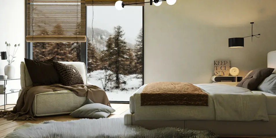 cozy bedroom featuring a serene brown and white color scheme with modern design elements, showcasing a relaxing atmosphere and optimized small space layout using Homestyler's smart furniture arrangement functionality.