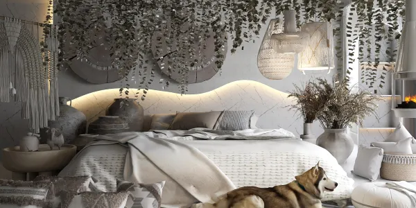 A serene bedroom with a cozy layout featuring intelligent furniture arrangement, designed in a minimalist style, providing optimal space utilization, showcasing Homestyler's real-time 3D rendering capability.