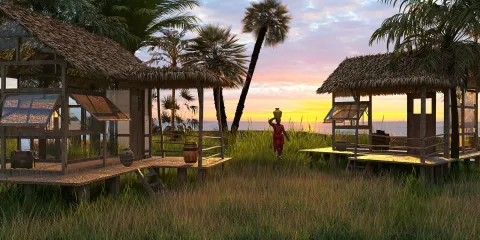 two tropical huts surrounded by lush greenery with a sunset background, showcasing outdoor living design, ideal for homestyler's smart furniture arrangement feature.