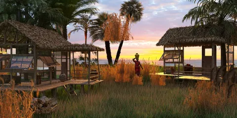 tropical landscape with huts showcasing outdoor living design bringing a serene atmosphere to nature; featuring Homestyler's real-time 3D rendering for quick renovation previews.