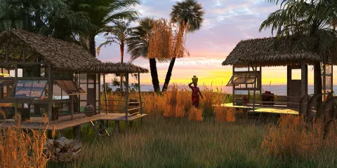 tropical outdoor setting with thatched-roof huts highlighting sunset views in a natural environment, showcasing Homestyler's real-time 3D rendering feature for enhancing outdoor space designs.